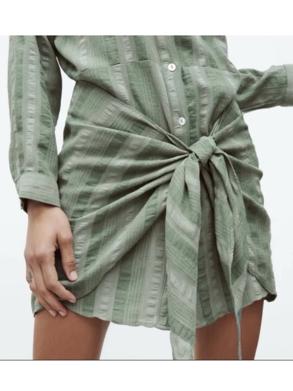 Zara Light Sage Green Button-Front Tie-Waist Shirt Dress - Picture 3 of 8